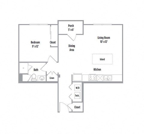 Floor plan for 1 bed, 1 bath, 660 sqft